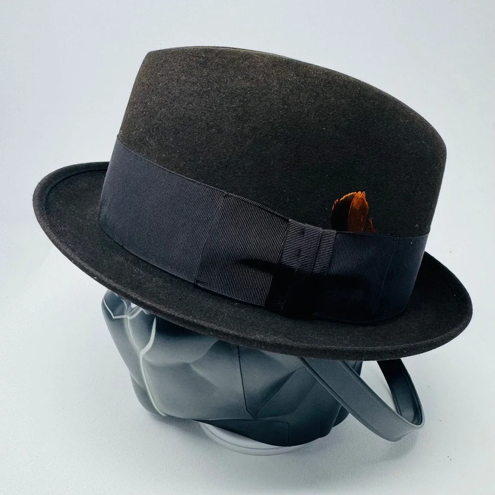 Vintage Mallory Fedora Hat Brown Fur Felt Cravenette Processed‎ Size 7 Feather